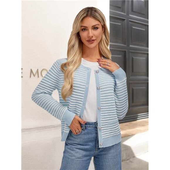 FAIRY SEASON Women's Striped Cardigan Sweaters Open Front Long Sleeve Button - Picture 3 of 7